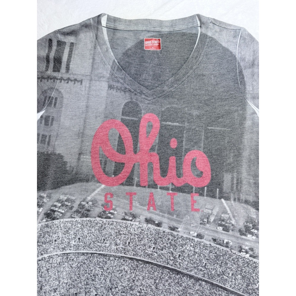 Ohio State Buckeyes Womens XL V-Neck T-Shirt Gray Stadium AOP The Shoe EUC Soft
